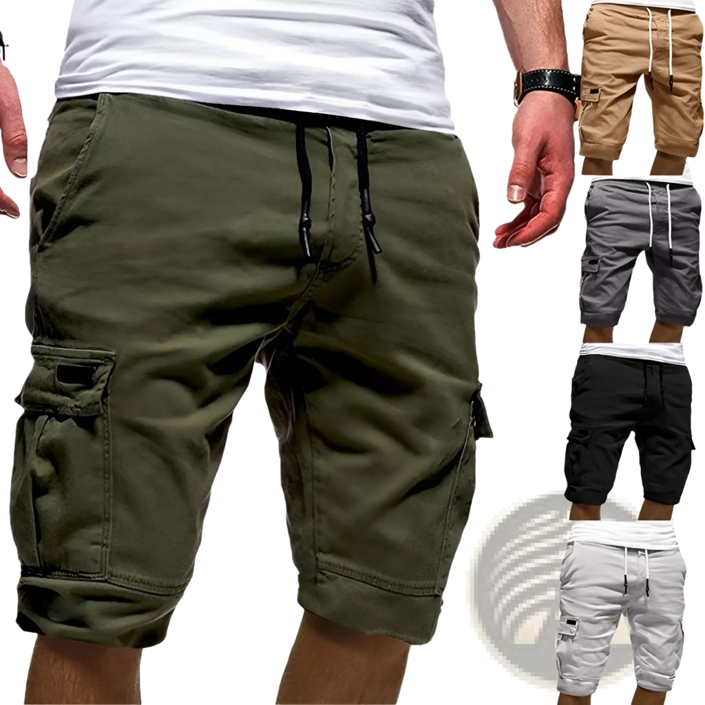 Men’s olive green urban cargo jogger shorts with side pockets and drawstring waistband for casual wear