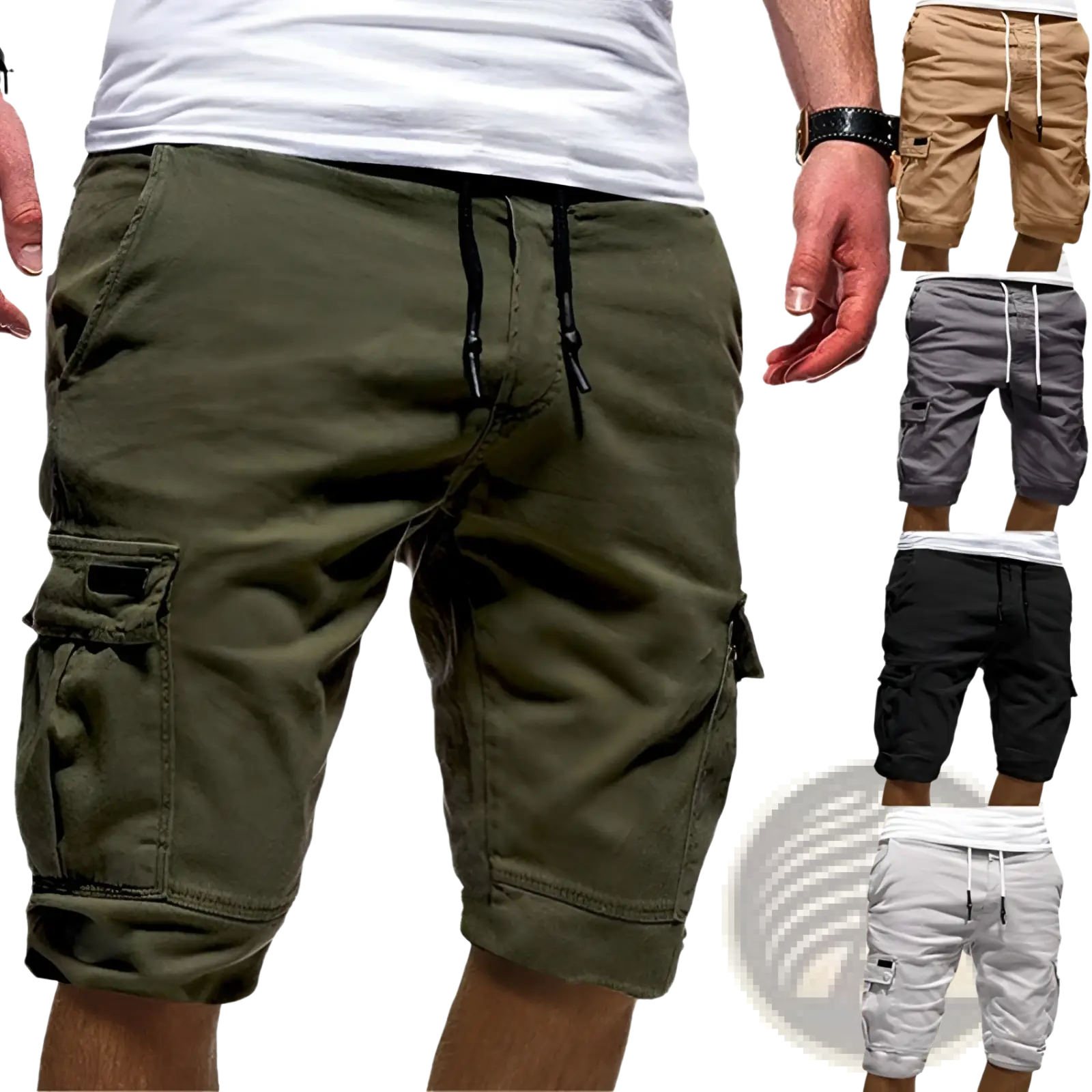 Men’s olive green urban cargo jogger shorts with side pockets and drawstring waistband for casual wear