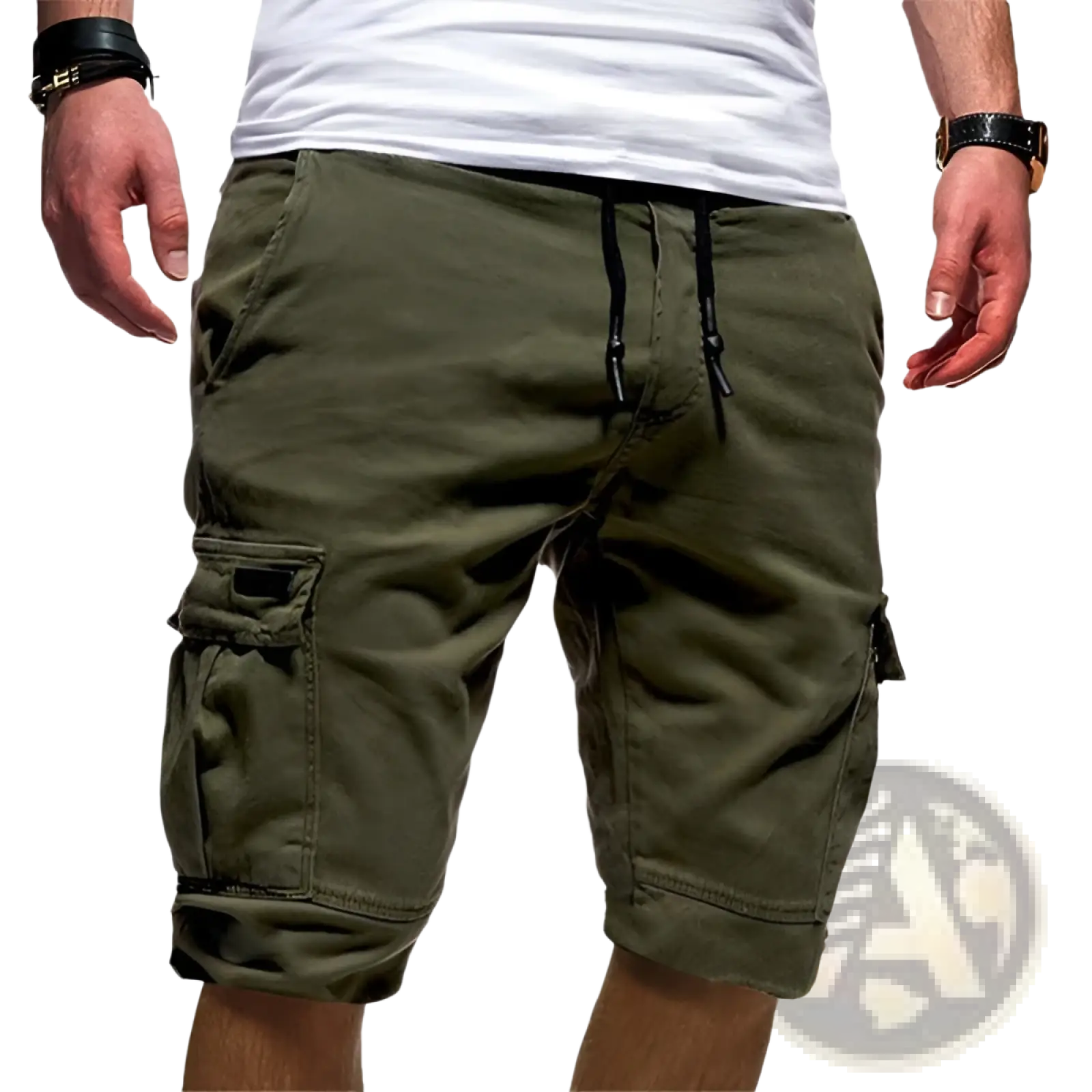 Men’s olive green urban cargo jogger shorts with multiple pockets and a drawstring waistband for casual wear