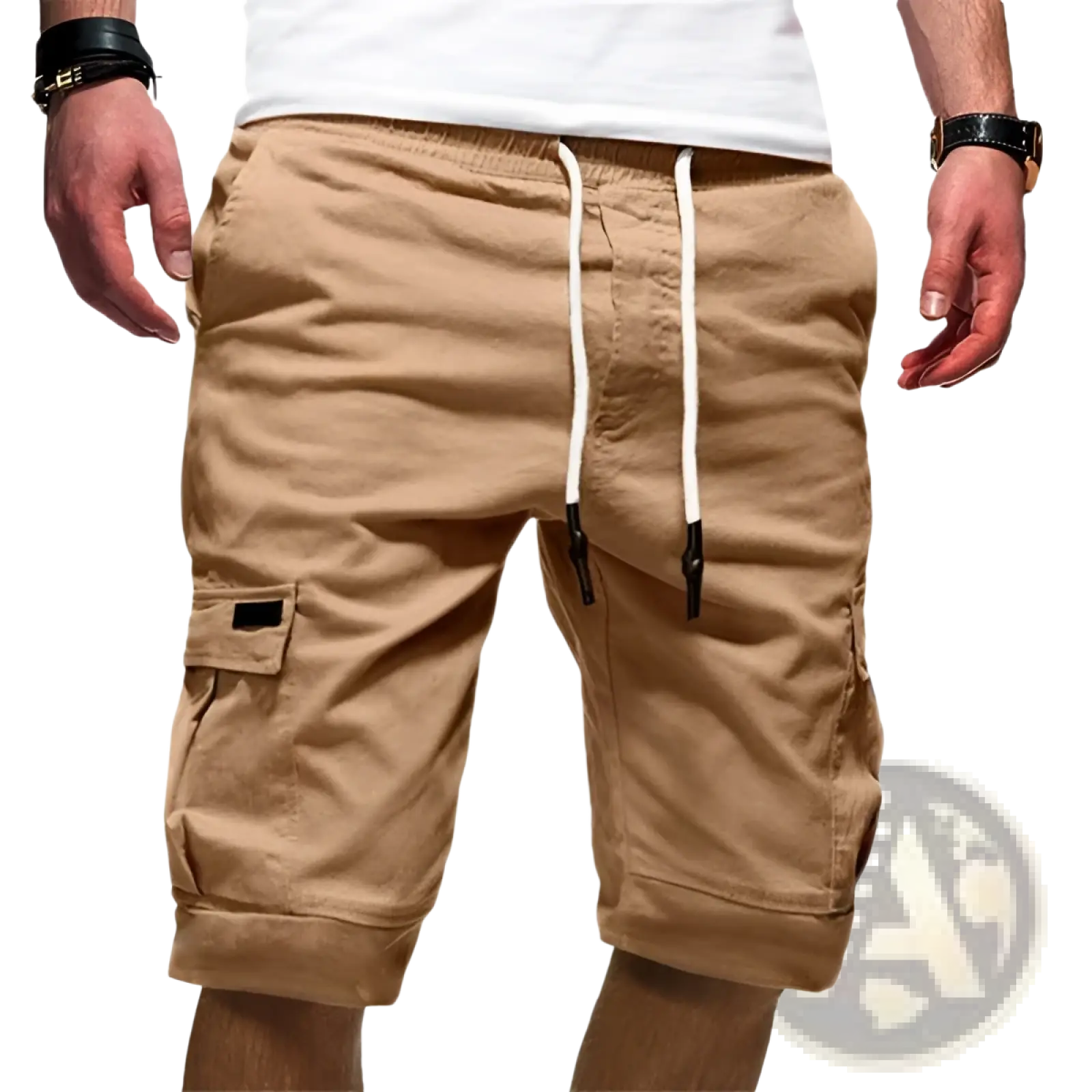 Men’s urban cargo jogger shorts in beige with white drawstrings black aglets side pockets and rolled cuffs