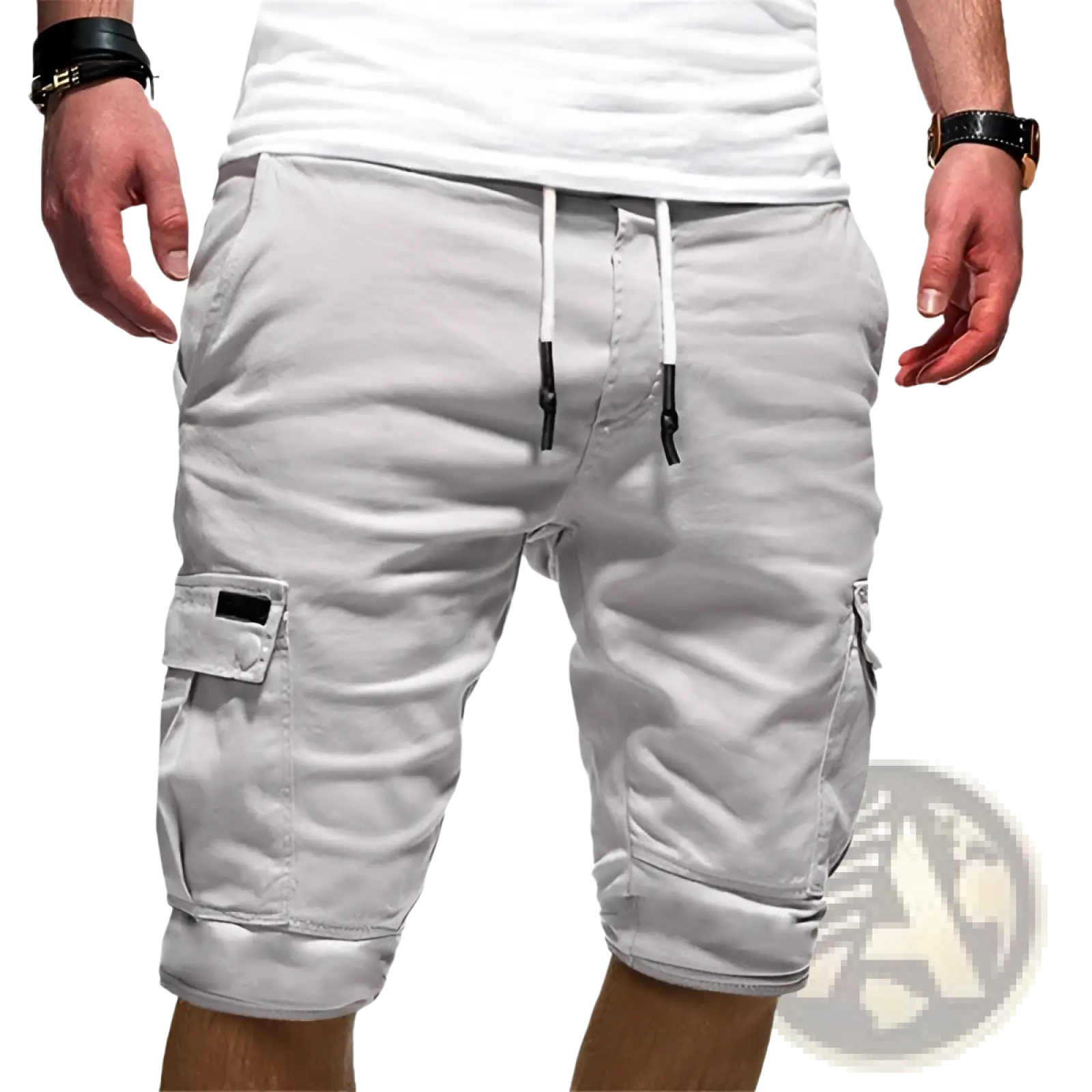 Men’s urban cargo jogger shorts in light gray with white drawstrings and black pocket accents for casual wear