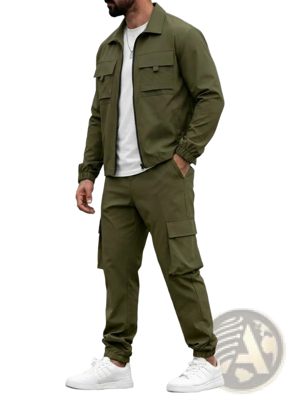 Olive green mens utility zip up workwear jacket with multiple flap pockets and elastic cuffs for durability