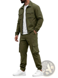 Olive green mens utility zip up workwear jacket with multiple flap pockets and elastic cuffs for durability