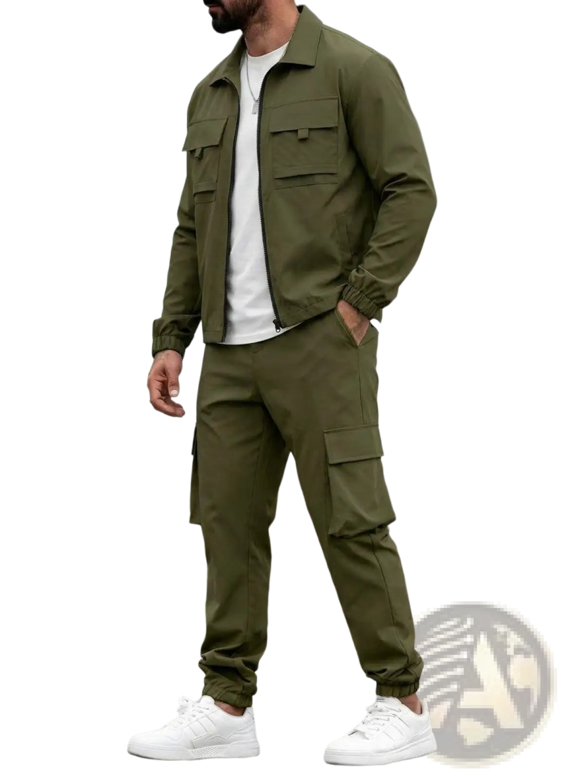 Olive green mens utility zip up workwear jacket with multiple flap pockets and elastic cuffs for durability