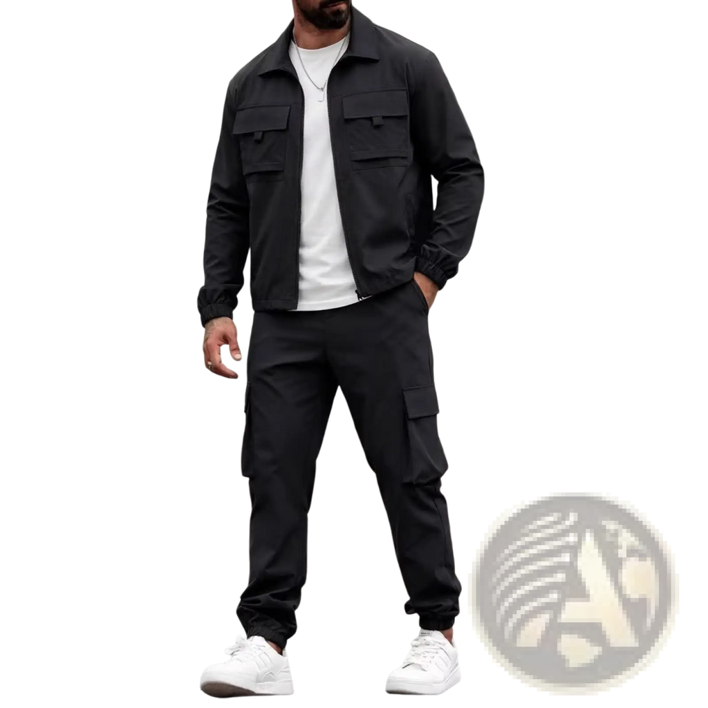 Mens black utility zip up workwear jacket with two chest pockets and elastic cuffs worn over a white t shirt