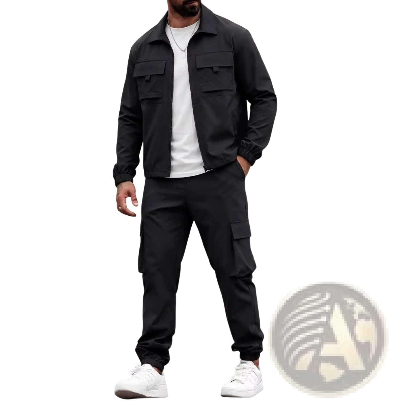 Mens black utility zip up workwear jacket with two chest pockets and elastic cuffs worn over a white t shirt