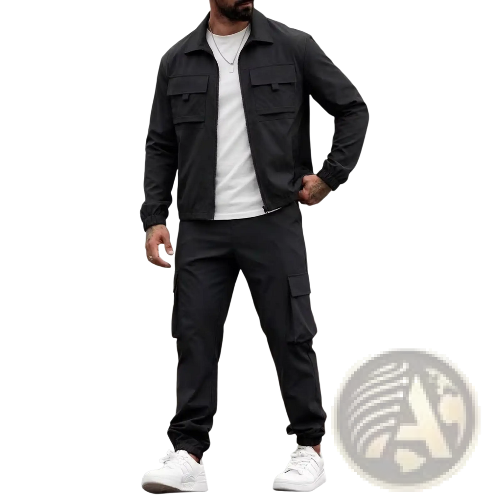 Black mens utility zip up workwear jacket with two chest pockets and collar worn over white t-shirt