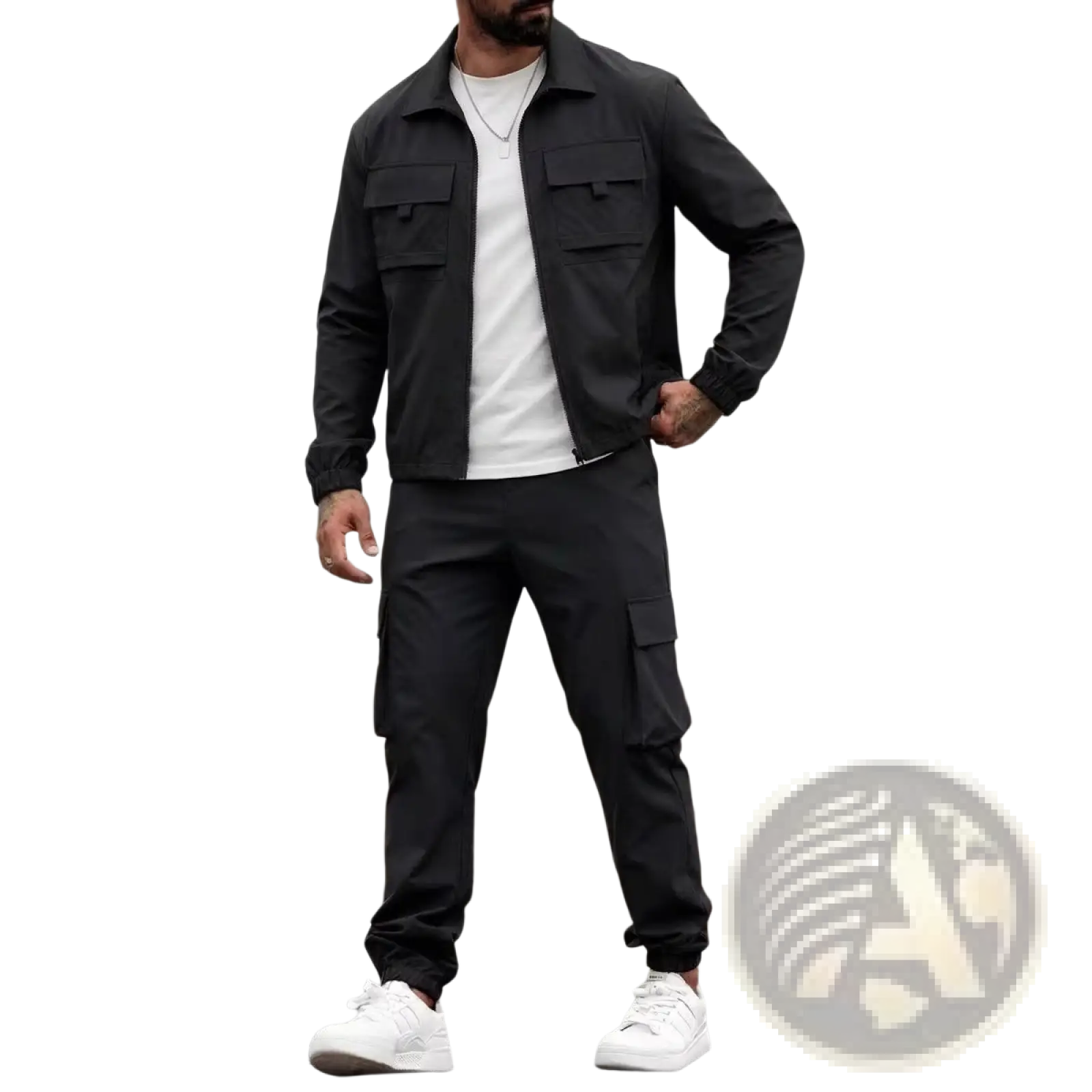 Black mens utility zip up workwear jacket with two chest pockets and collar worn over white t-shirt