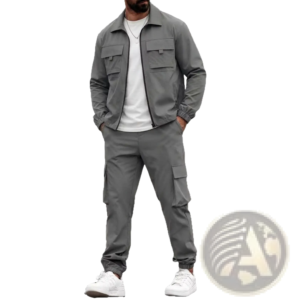 Gray mens utility zip up workwear set with two chest pockets and lightweight fabric cargo pants in front view