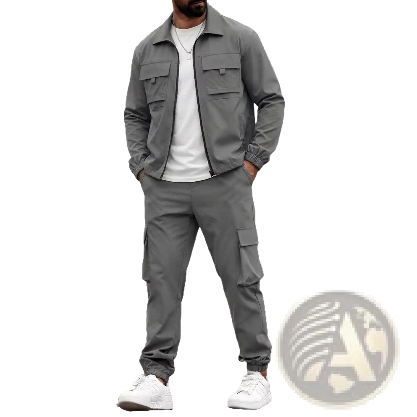 Gray mens utility zip up workwear set with two chest pockets and lightweight fabric cargo pants in front view