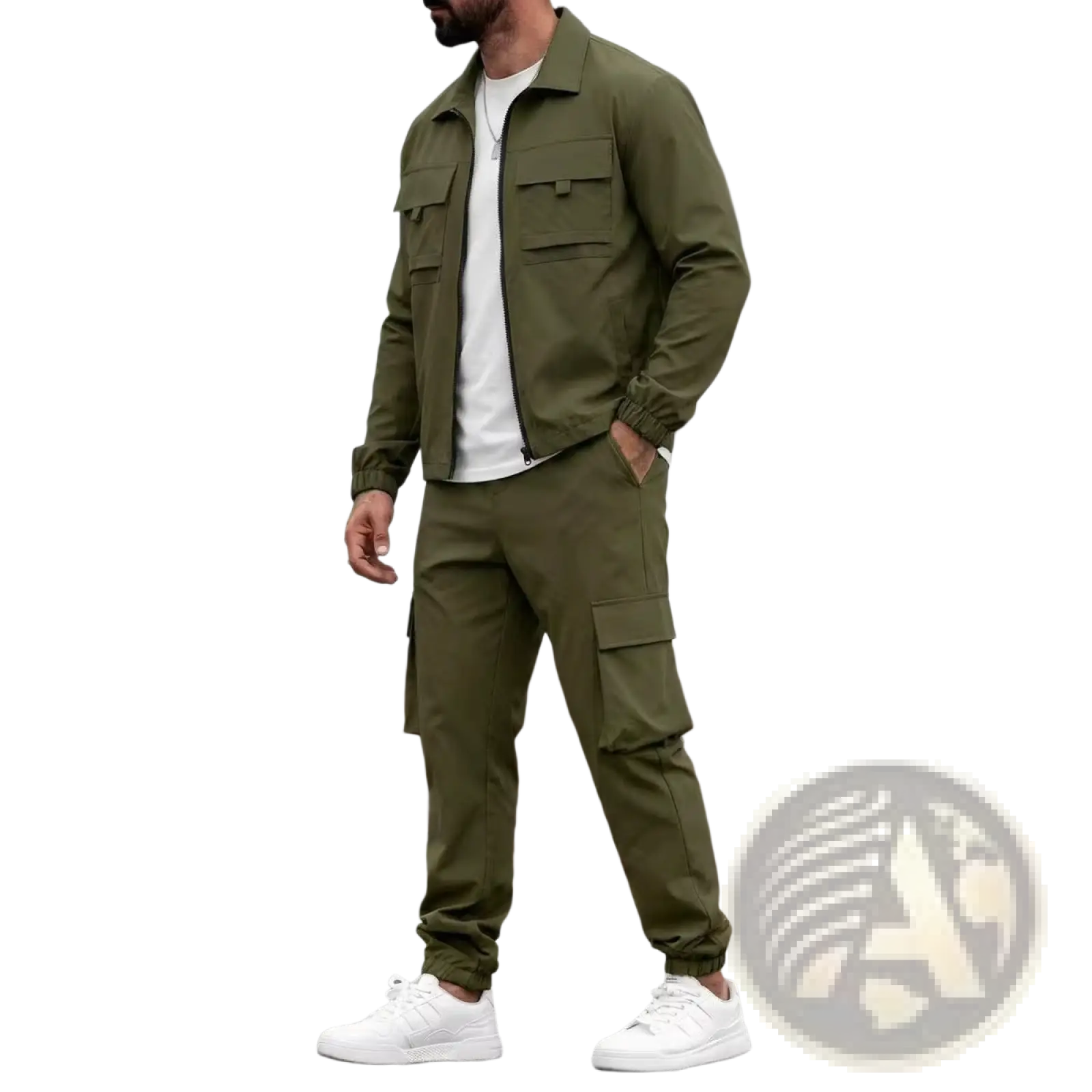 Olive green mens utility zip up workwear jacket with multiple pockets and elastic cuffs for durable use