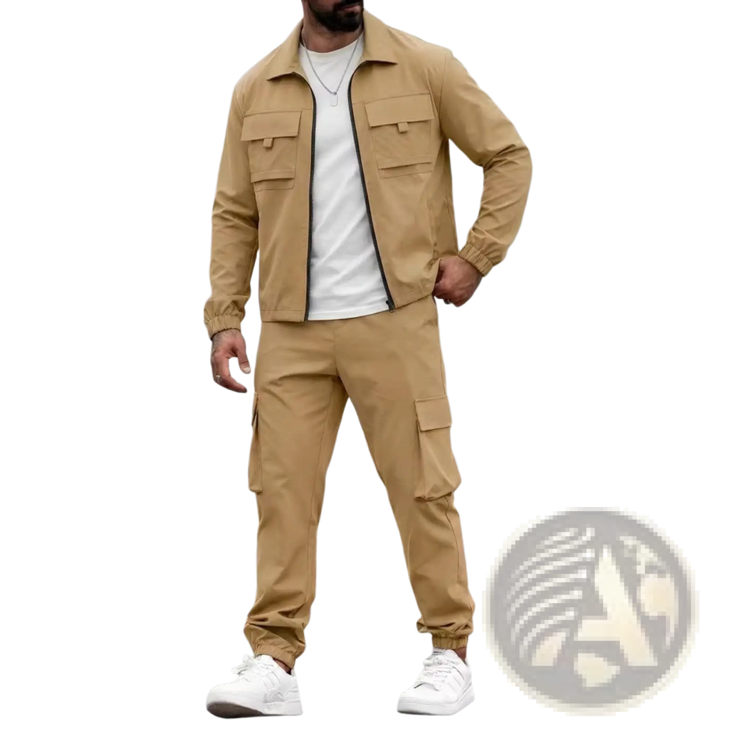 Tan utility jacket with two chest pockets and elastic cuffs from mens utility zip up workwear set for durable use