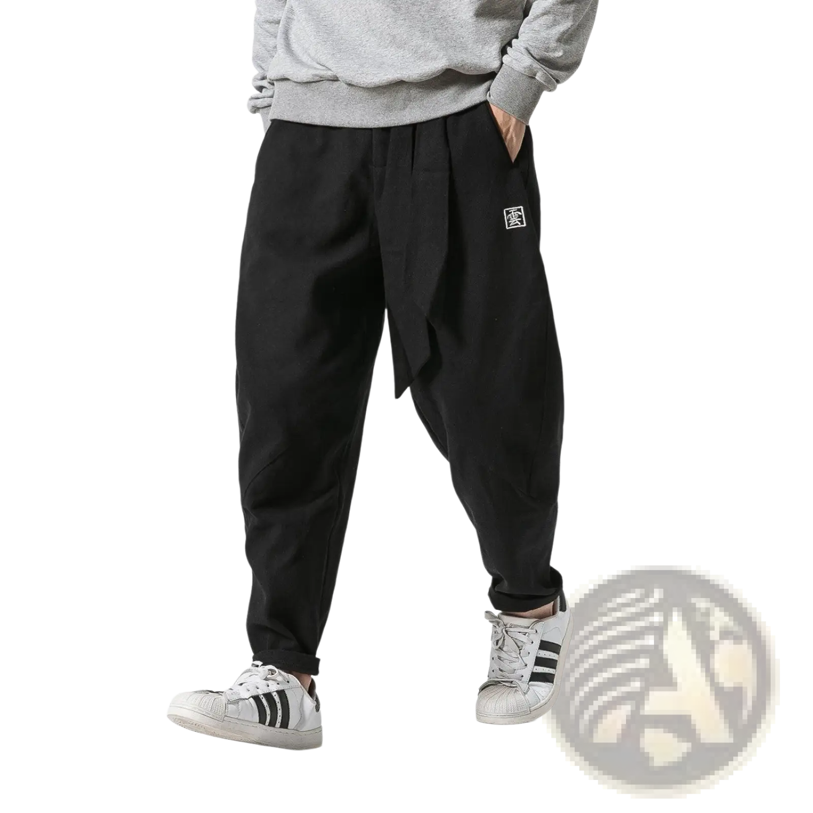 Men’s black velvet lined relaxed fit cargo joggers with tapered legs drawstring waist and white logo patch on thigh