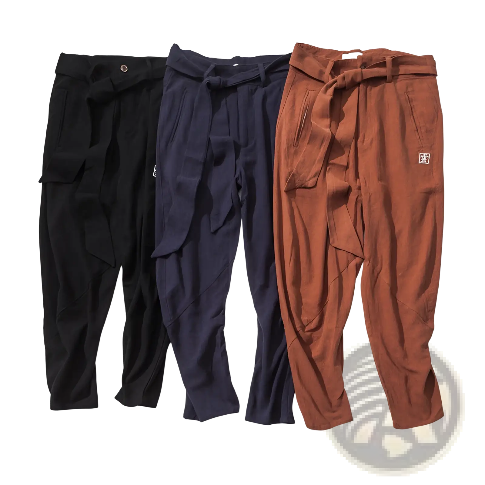 Men’s velvet lined relaxed fit cargo joggers in black navy and rust with tied waistbands and subtle thigh patches