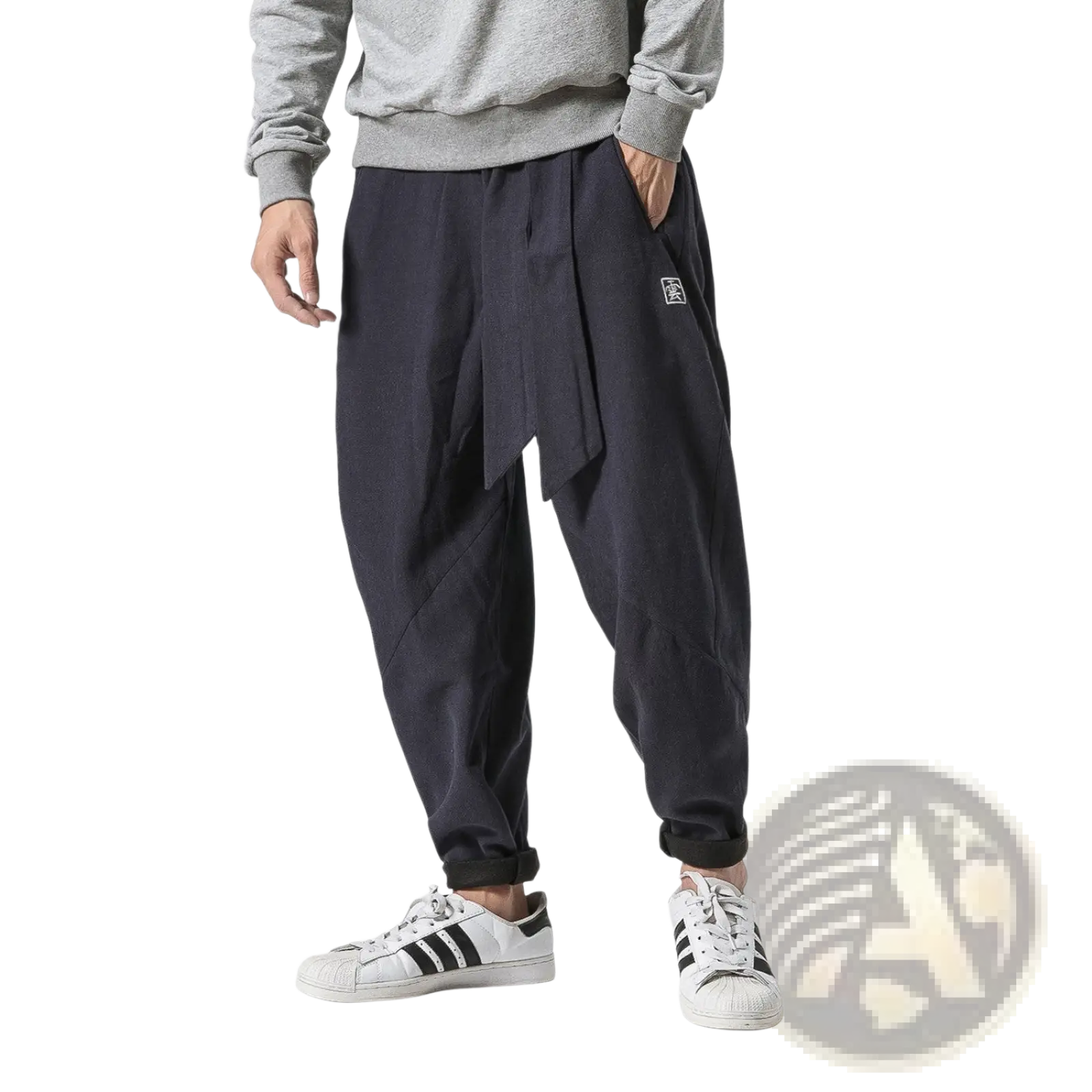 Men’s velvet lined relaxed fit cargo joggers in dark navy with tapered legs, asymmetrical drawstring, and subtle thigh logo