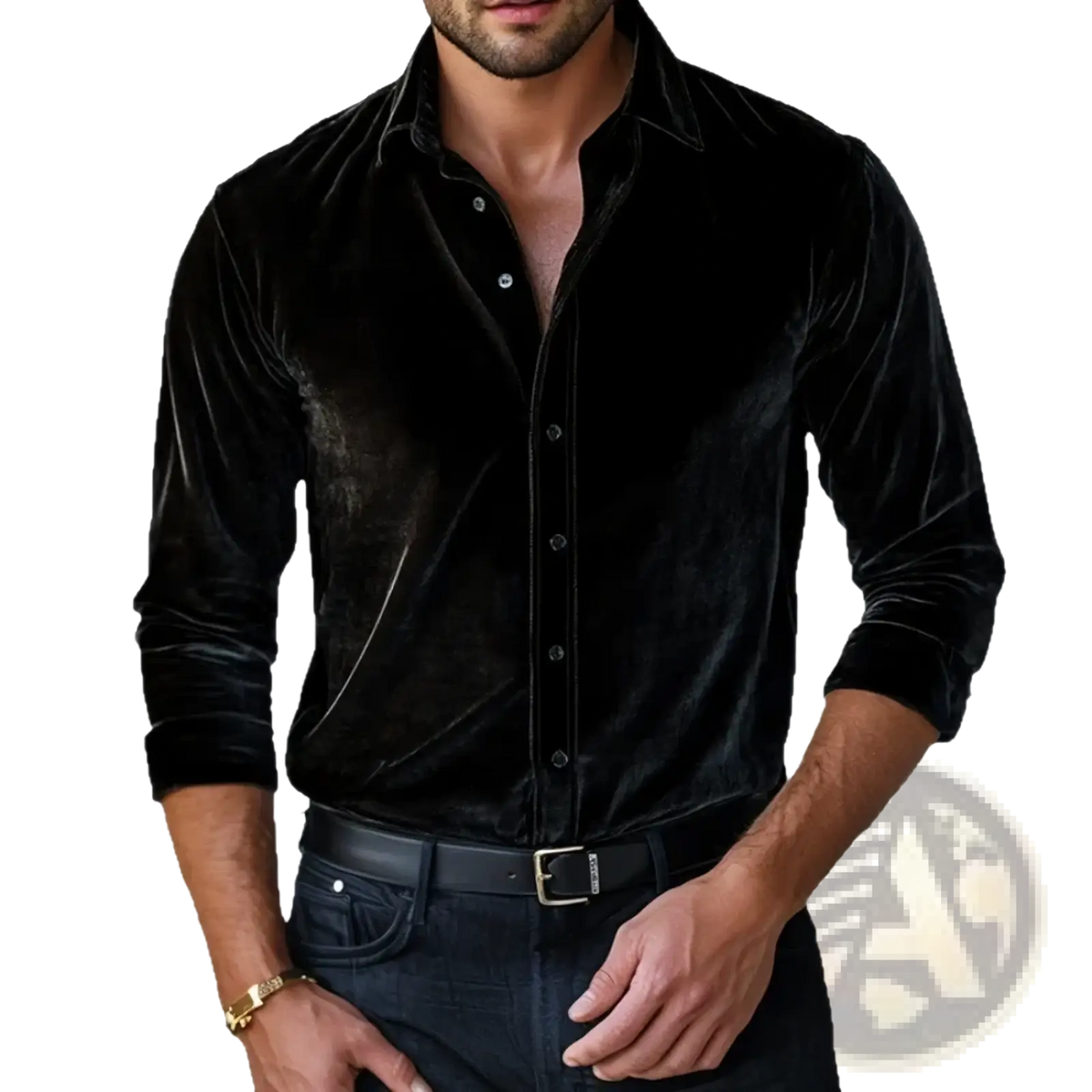 Men’s black velvet long-sleeve button-up shirt with classic collar and rolled cuffs for formal wear