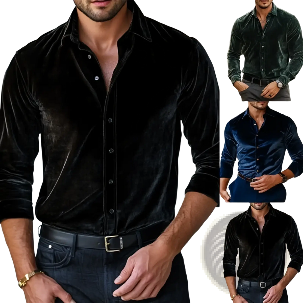 Men’s black velvet long-sleeve button-up shirt with classic collar and cuffs in a formal style