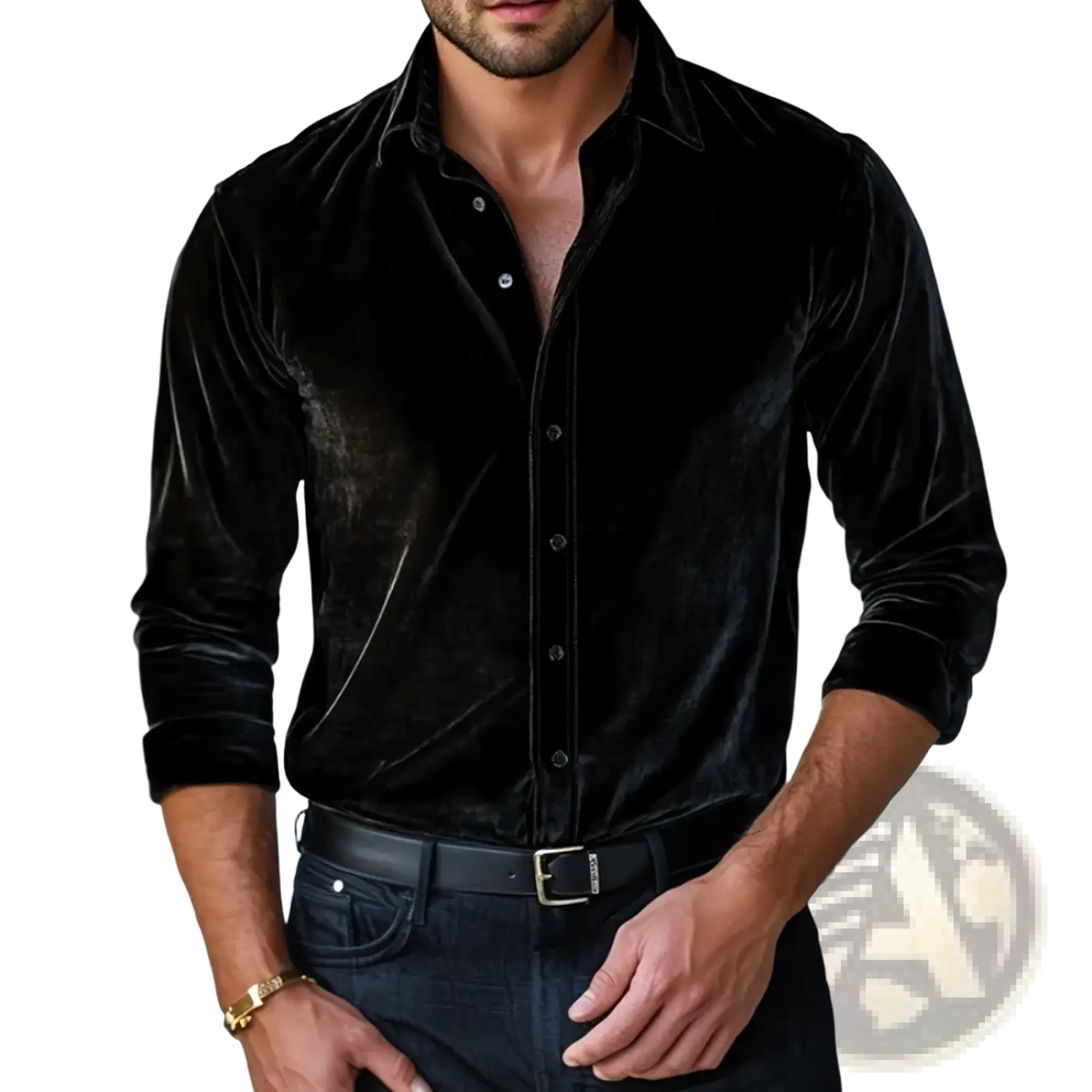 Men’s black velvet long-sleeve button-up shirt with classic collar and rolled cuffs