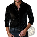 Men’s black velvet long-sleeve button-up shirt with classic collar and rolled cuffs displayed on front side