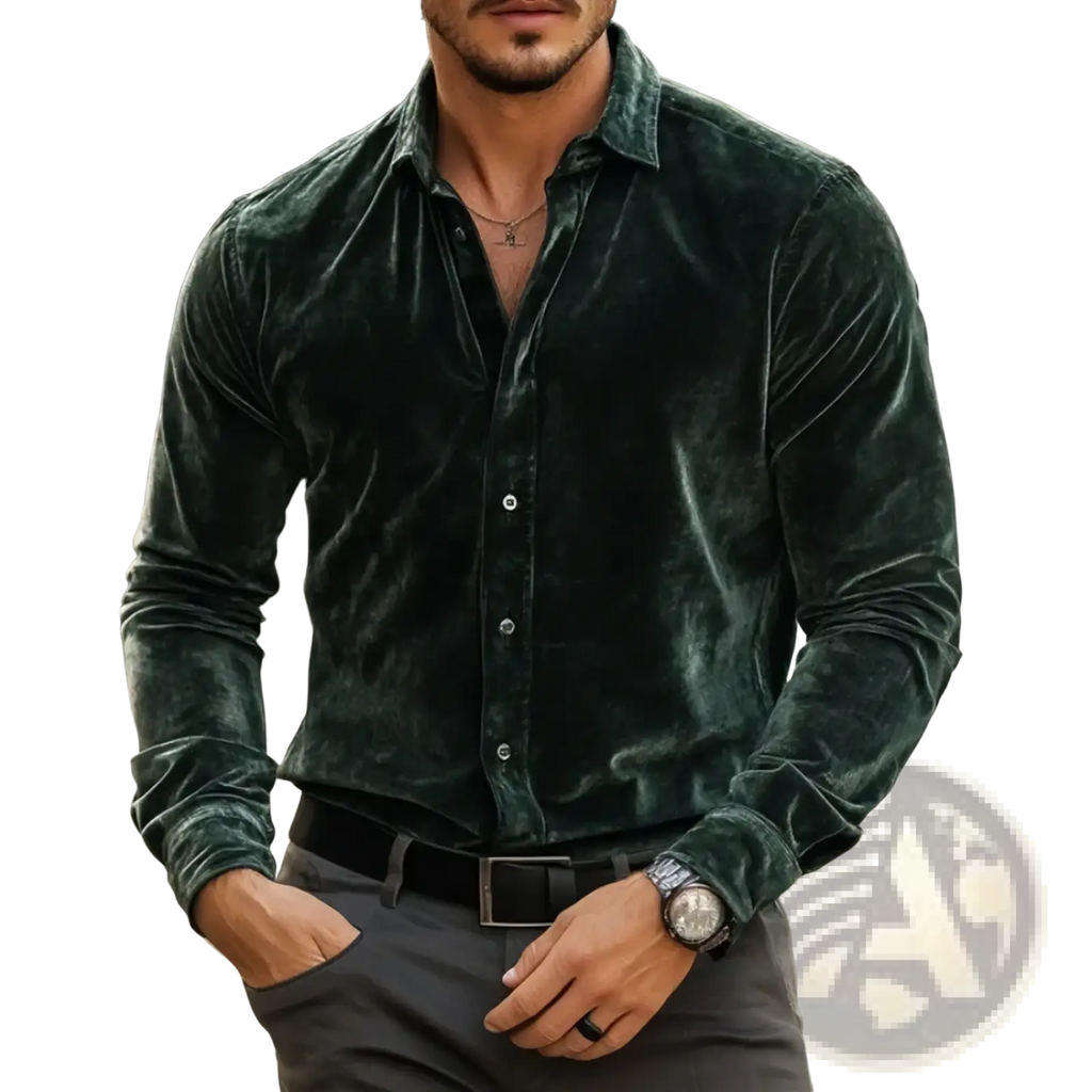 Men’s dark green velvet long-sleeve button-up shirt featuring a soft textured fabric and classic design