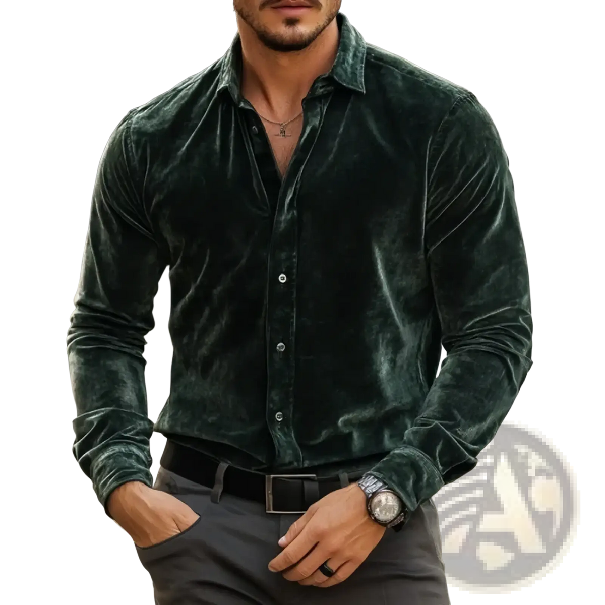 Men’s dark green velvet long-sleeve button-up shirt featuring a soft textured fabric and classic design