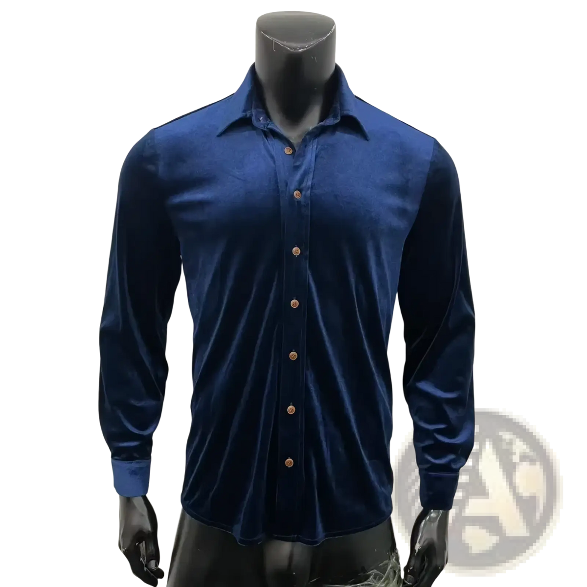 Men’s deep navy blue velvet long-sleeve button-up shirt with gold-toned buttons for formal occasions