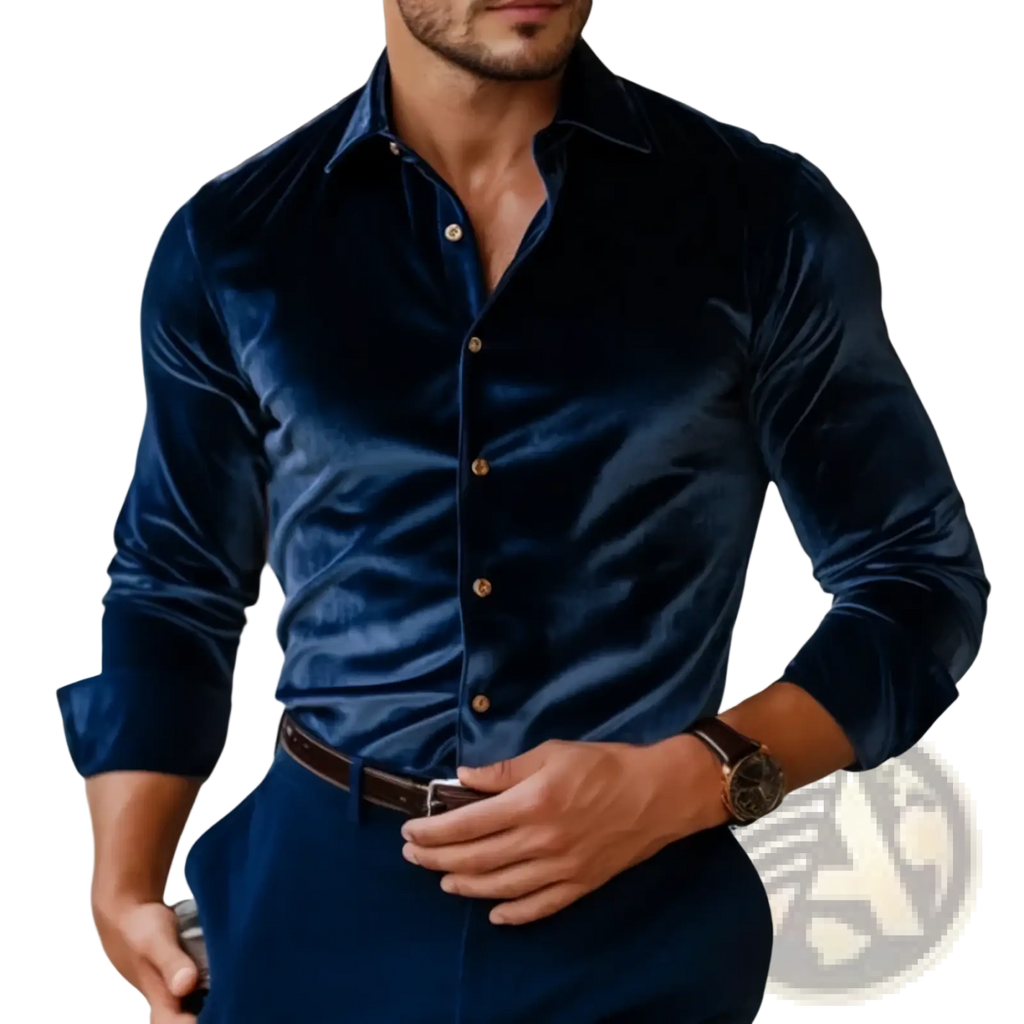 Men’s velvet long-sleeve button-up shirt in rich navy blue with gold-toned buttons and a classic button-down design