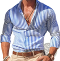 Men’s vertical striped loose casual long sleeve shirt in blue and white with rolled cuffs and button-down style
