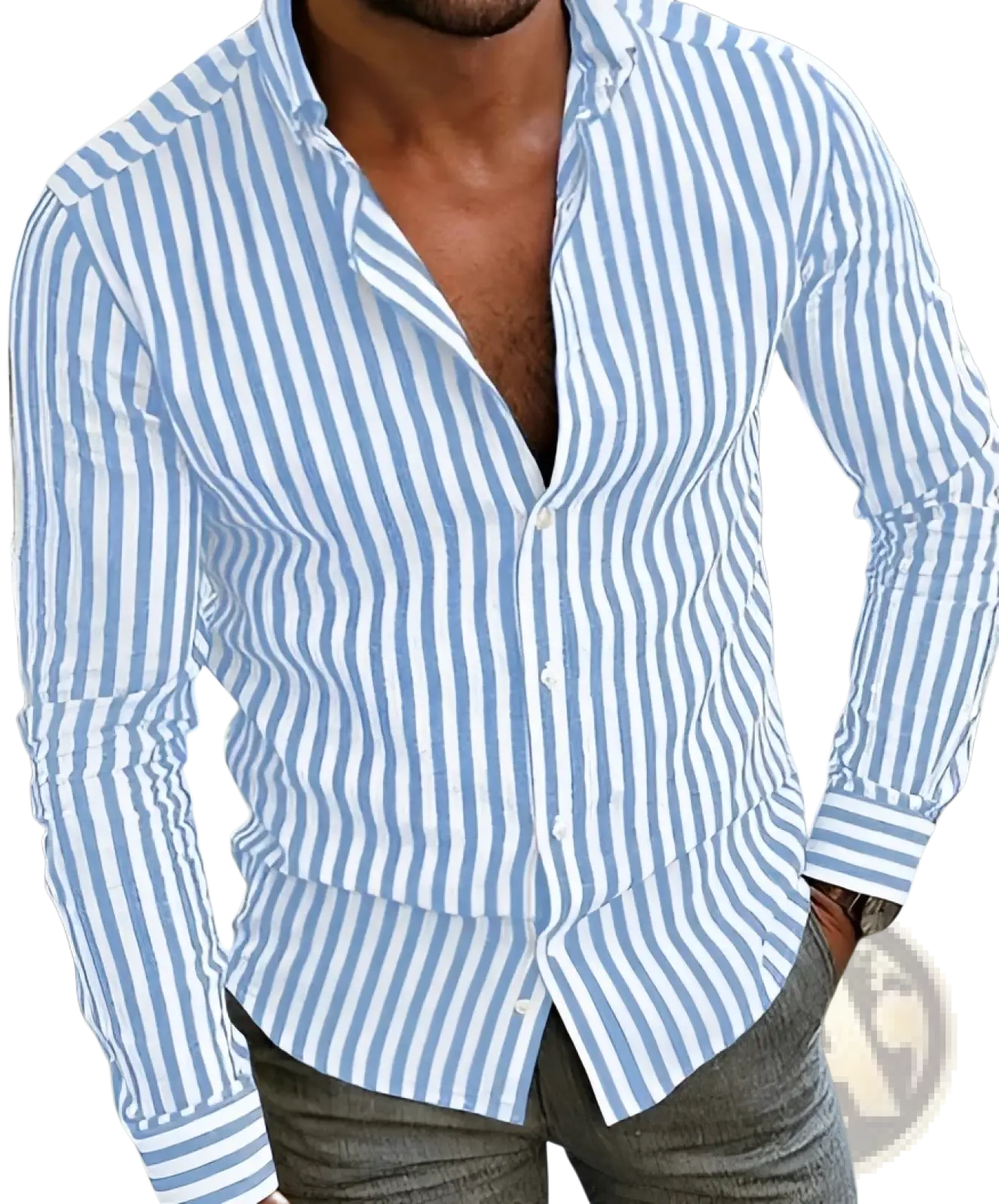 A man wearing a light blue and white vertically striped loose casual long sleeve shirt with a classic collar