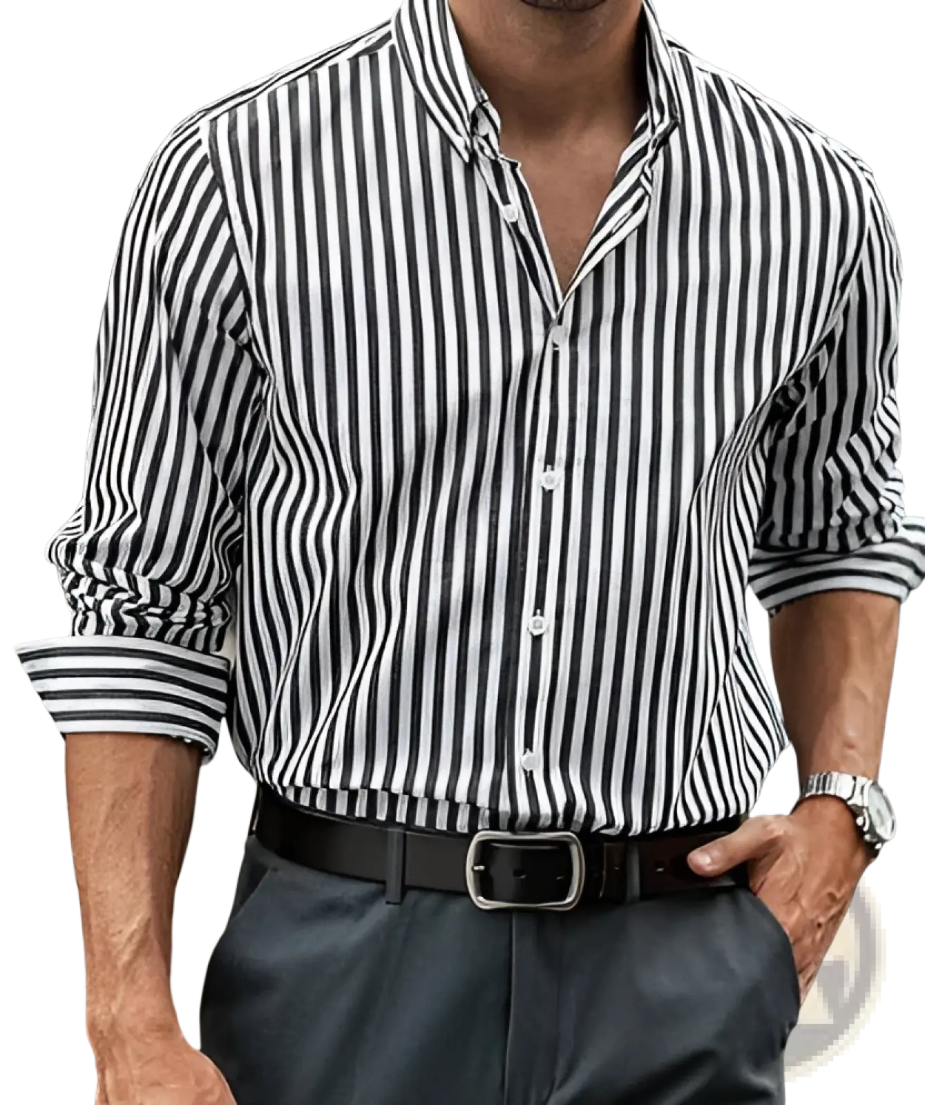 Men’s black and white vertical striped loose casual long sleeve button-down shirt with rolled-up sleeves