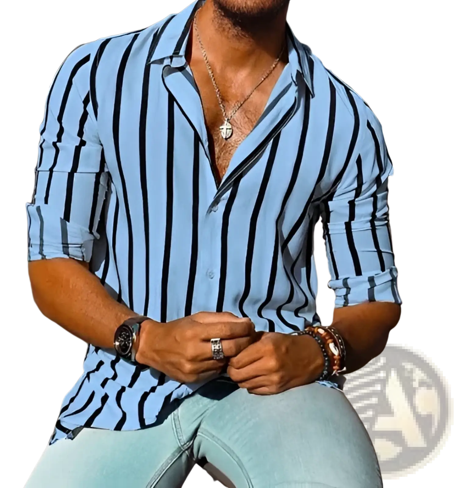 Men’s light blue and black vertically striped loose casual long sleeve button-down shirt with rolled-up sleeves