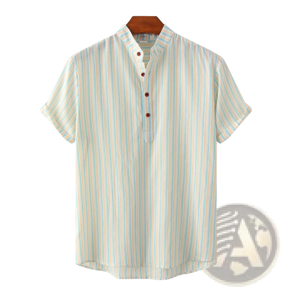 Men’s vertical striped mandarin collar cotton blend shirt in light blue and cream with dark brown buttons