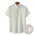 Men’s vertical striped mandarin collar cotton blend shirt in light blue and cream with dark brown buttons