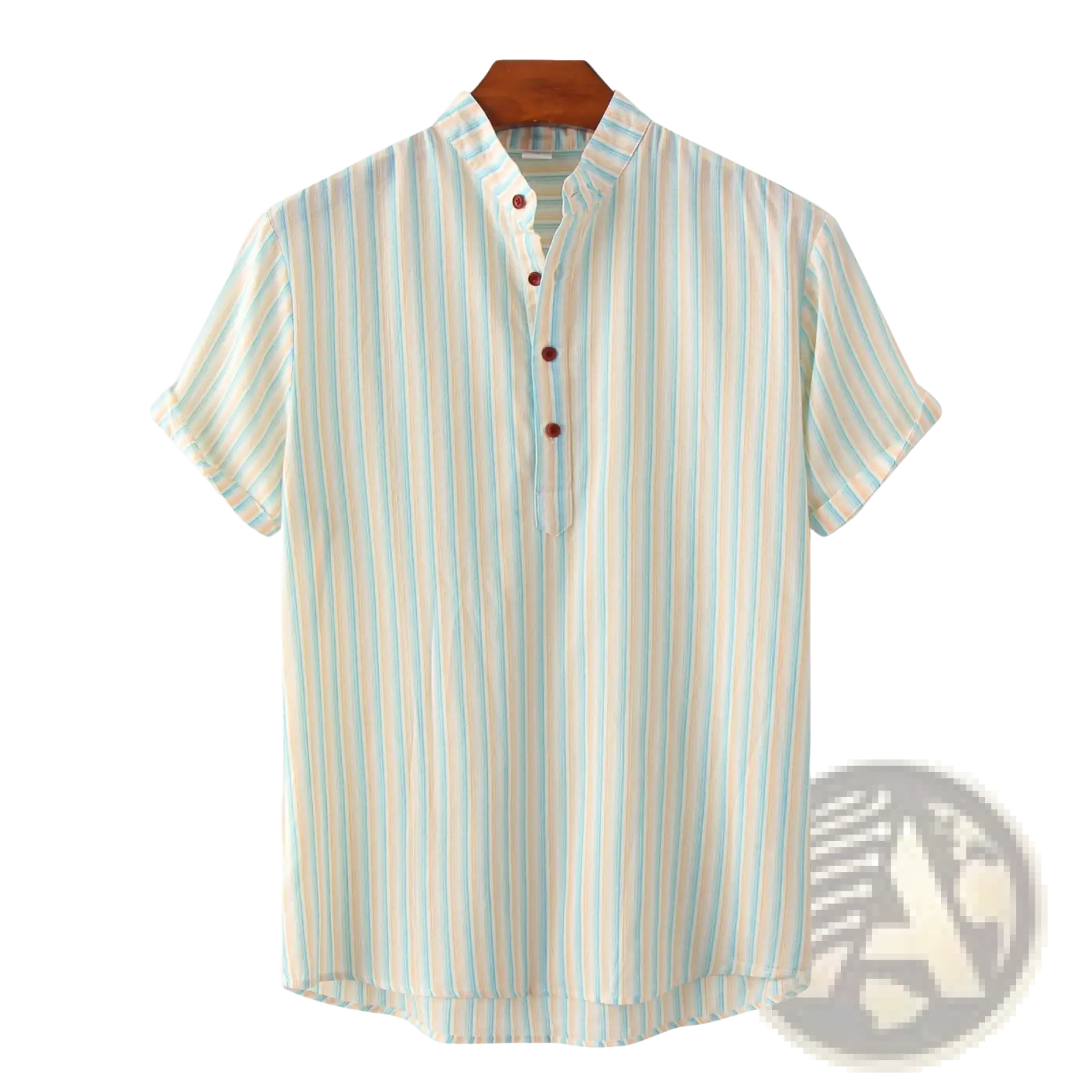 Men’s vertical striped mandarin collar cotton blend shirt in light blue and cream with dark brown buttons