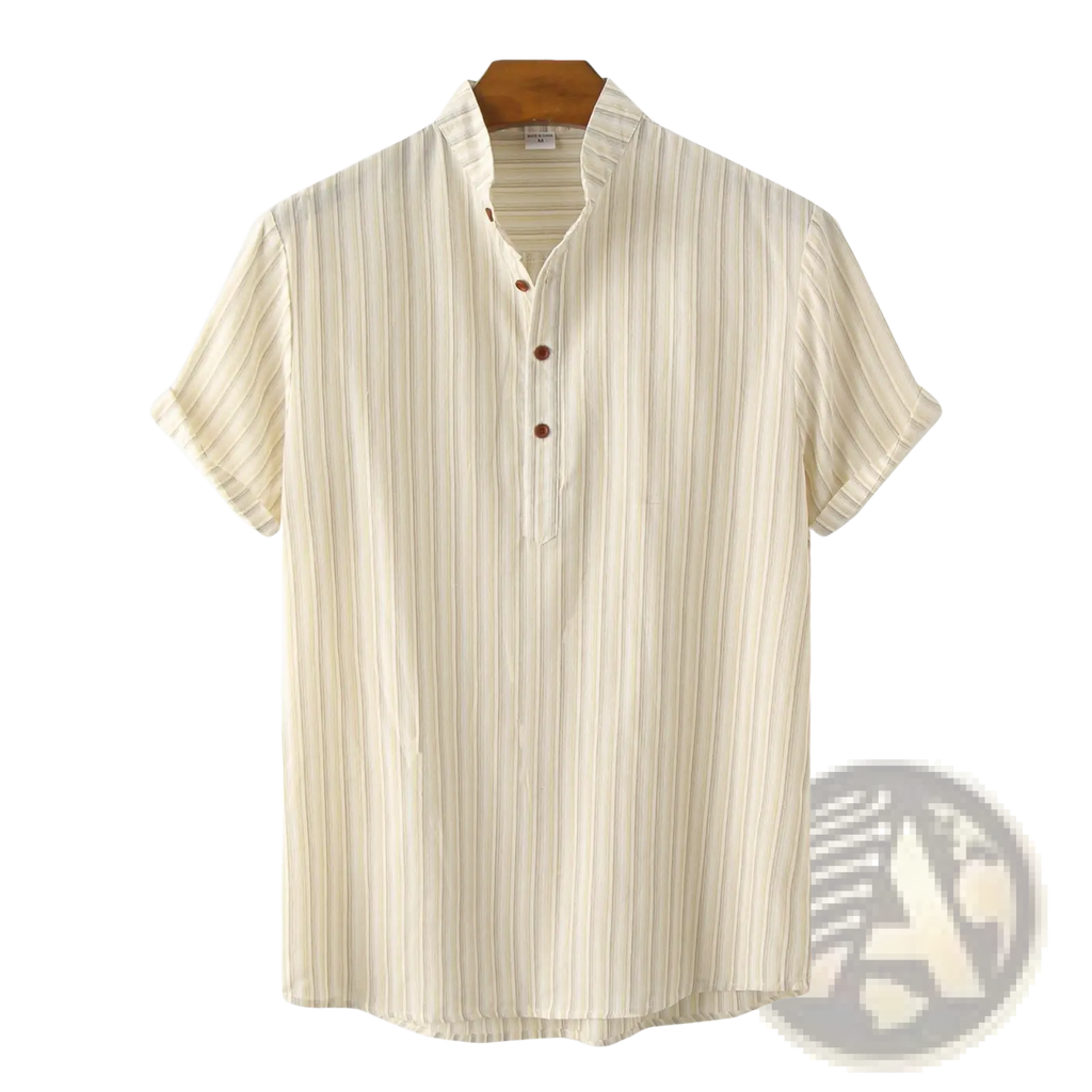 Men’s cream-colored vertical striped mandarin collar shirt with three brown buttons made of cotton blend fabric