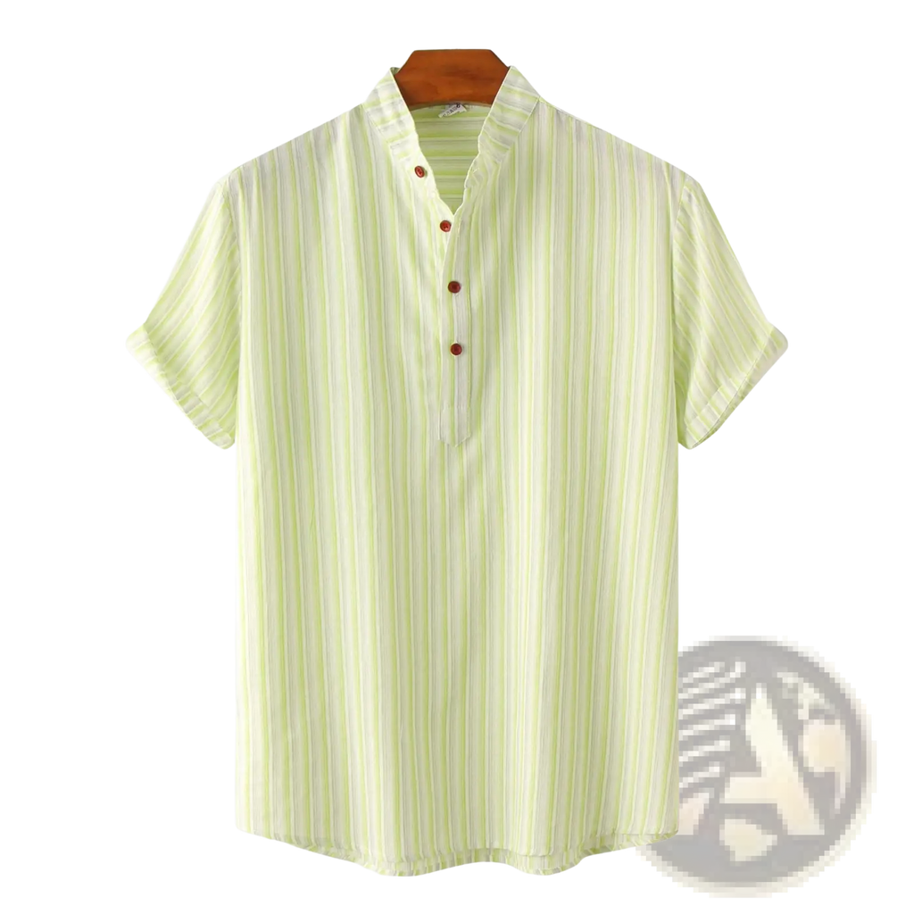 Men’s cotton blend short-sleeved shirt with light green and white vertical stripes mandarin collar and red buttons