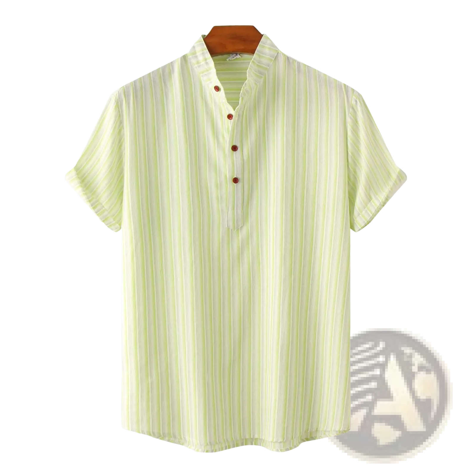 Men’s cotton blend short-sleeved shirt with light green and white vertical stripes mandarin collar and red buttons