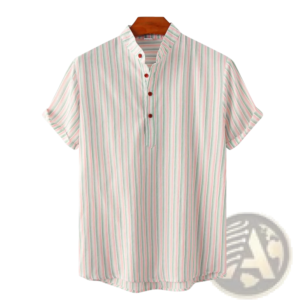 Men’s short-sleeved vertical striped cotton blend shirt with mandarin collar and red buttons
