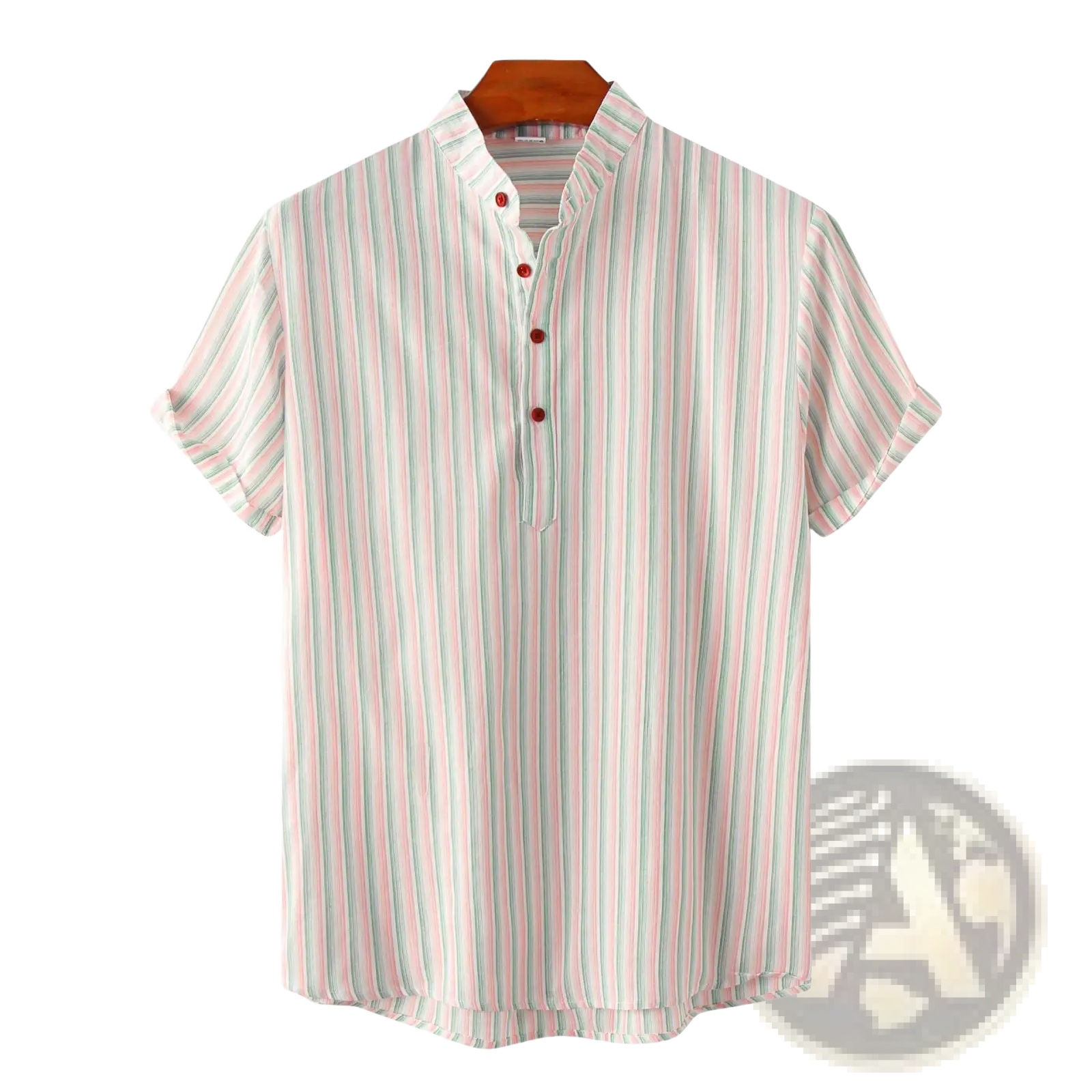 Men’s short-sleeved vertical striped cotton blend shirt with mandarin collar and red buttons