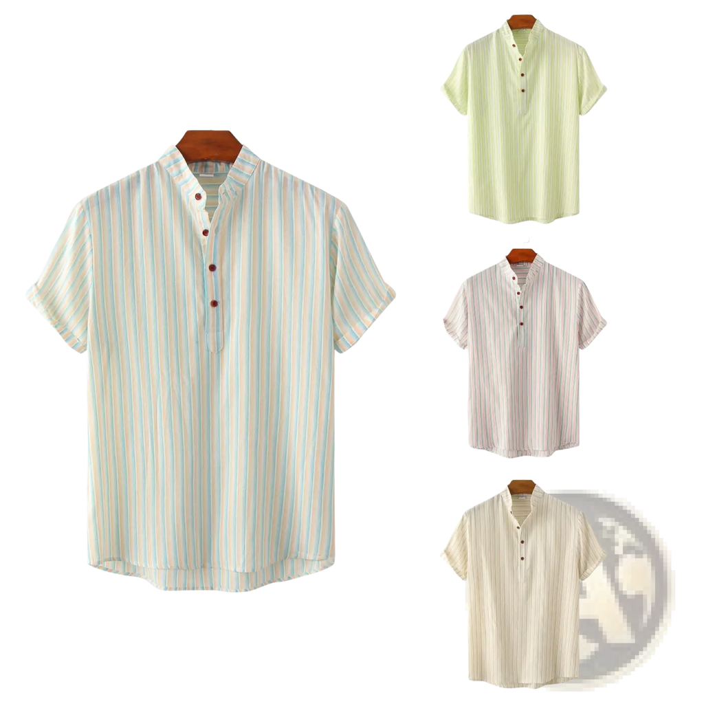 Men’s vertical striped mandarin collar cotton blend shirt in light blue and white with brown buttons and short sleeves