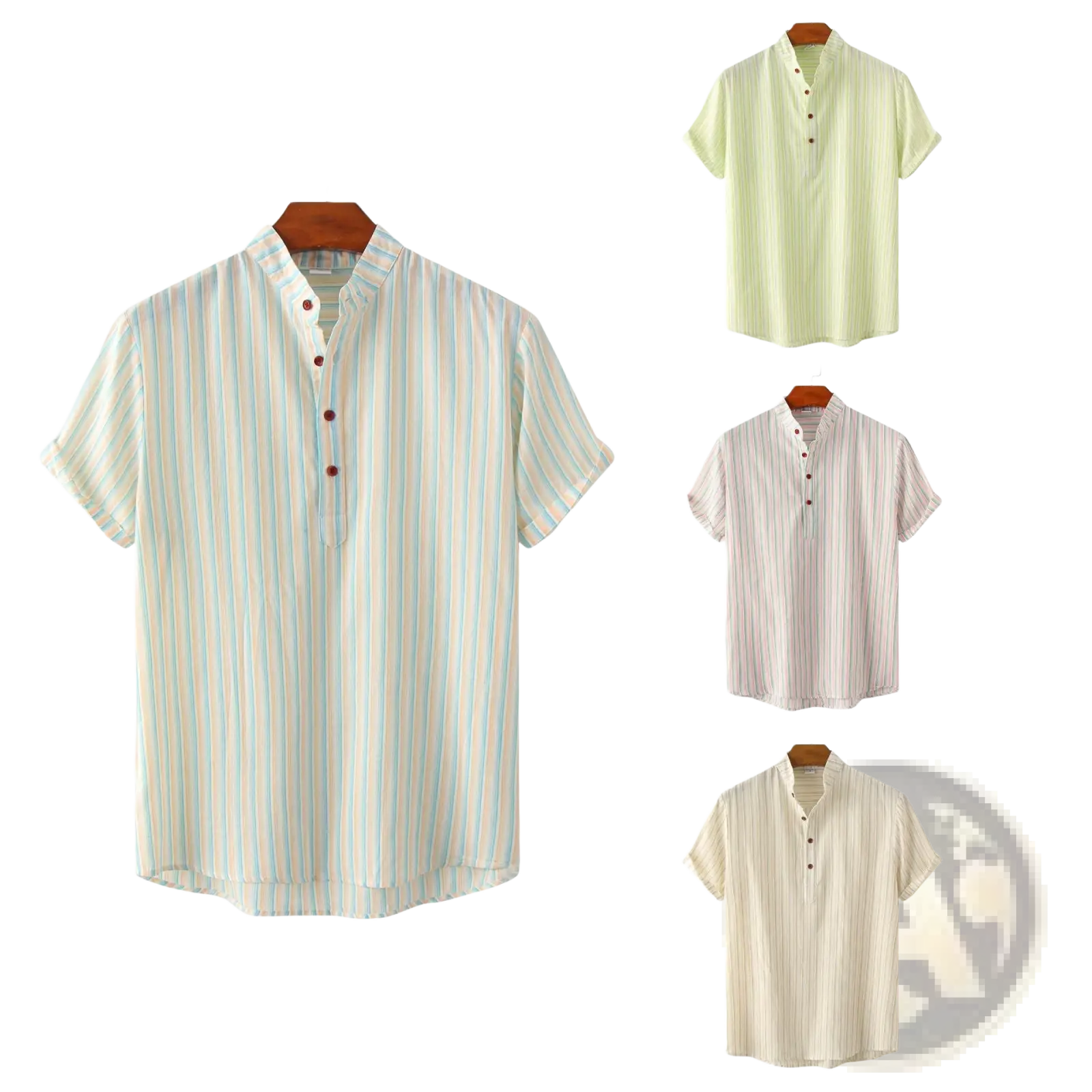 Men’s vertical striped mandarin collar cotton blend shirt in light blue and white with brown buttons and short sleeves