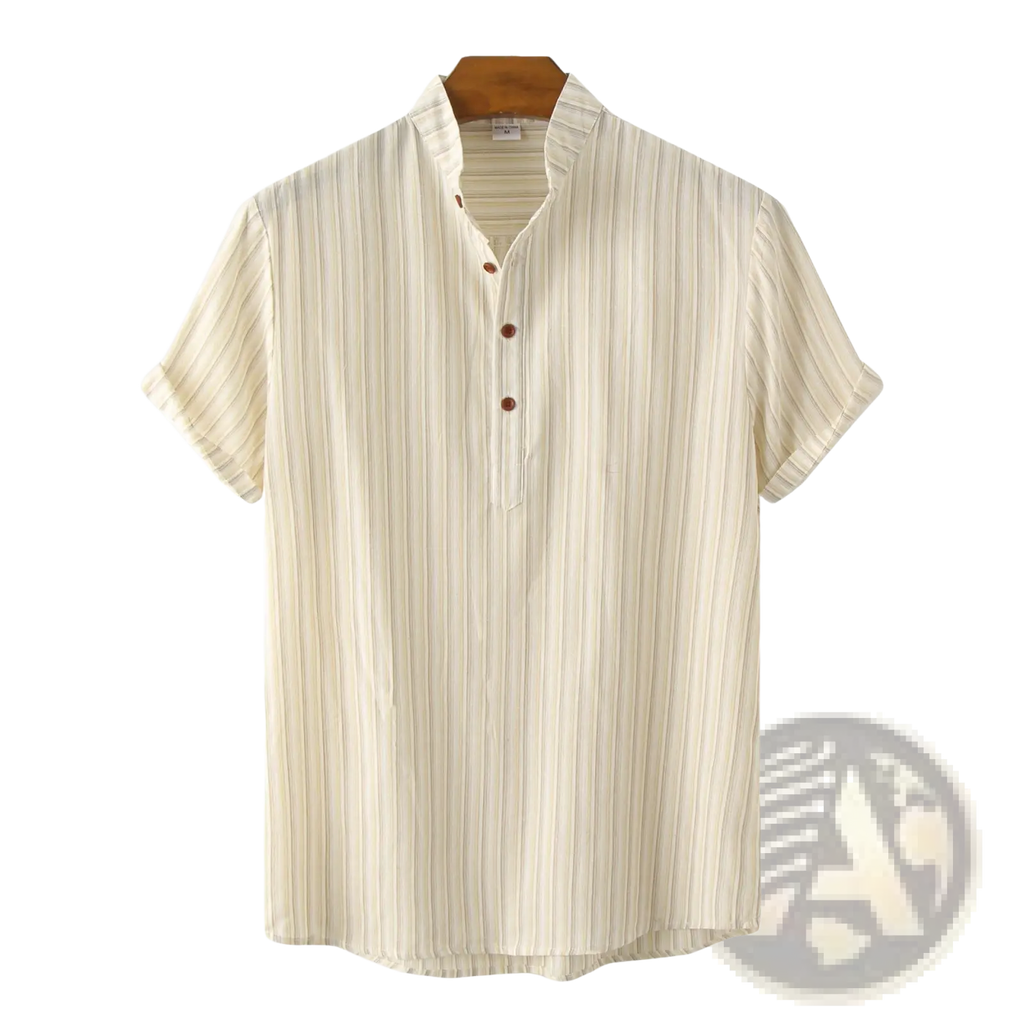 A cream-colored men’s vertical striped mandarin collar shirt with brown buttons made of cotton blend hanging on a wooden hanger