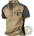 Men’s vintage classic motors tan and dark gray short-sleeved polo shirt with zipper collar and embroidered logo