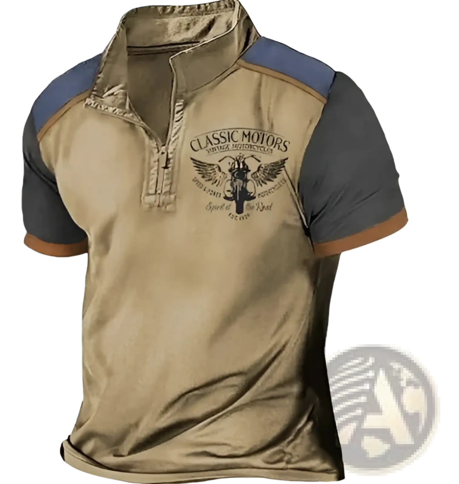 Men’s vintage classic motors tan and dark gray short-sleeved polo shirt with zipper collar and embroidered logo