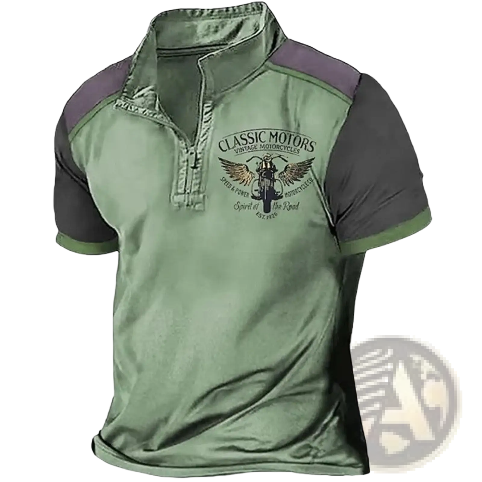 Men’s vintage classic motors olive green and dark gray raglan sleeve polo shirt with 3d printed motorcycle graphic