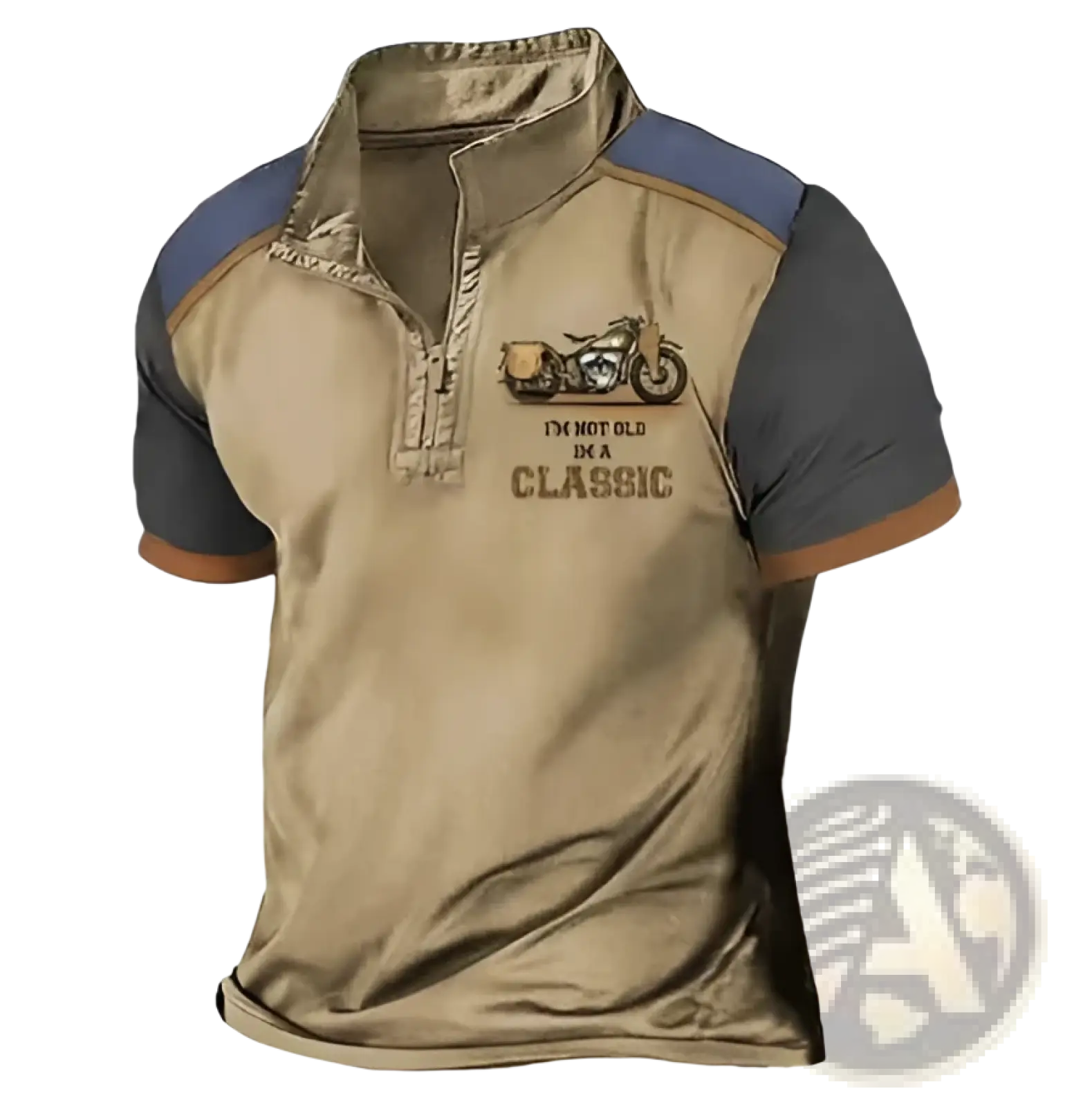 Men’s vintage classic motors short-sleeved polo shirt in tan and navy blue with 3D printed motorcycle graphic on chest
