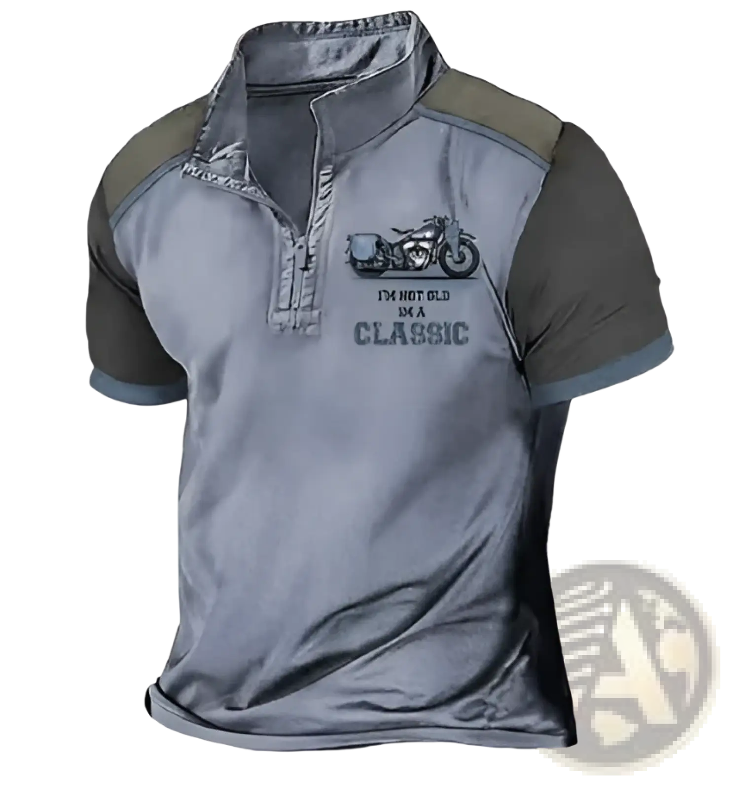 Men’s vintage classic motors gray and olive green polo shirt with 3d motorcycle graphic and i’m not old i’m a classic text
