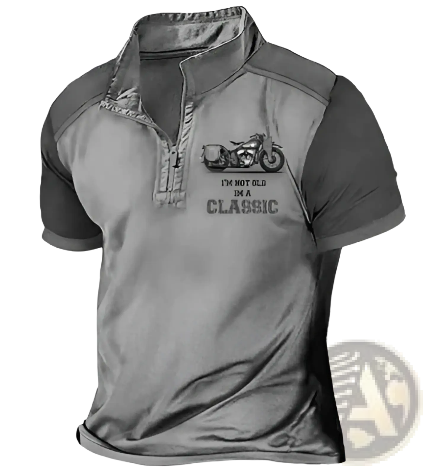Men’s vintage classic motors gray and black short-sleeved polo shirt with motorcycle graphic and chest text