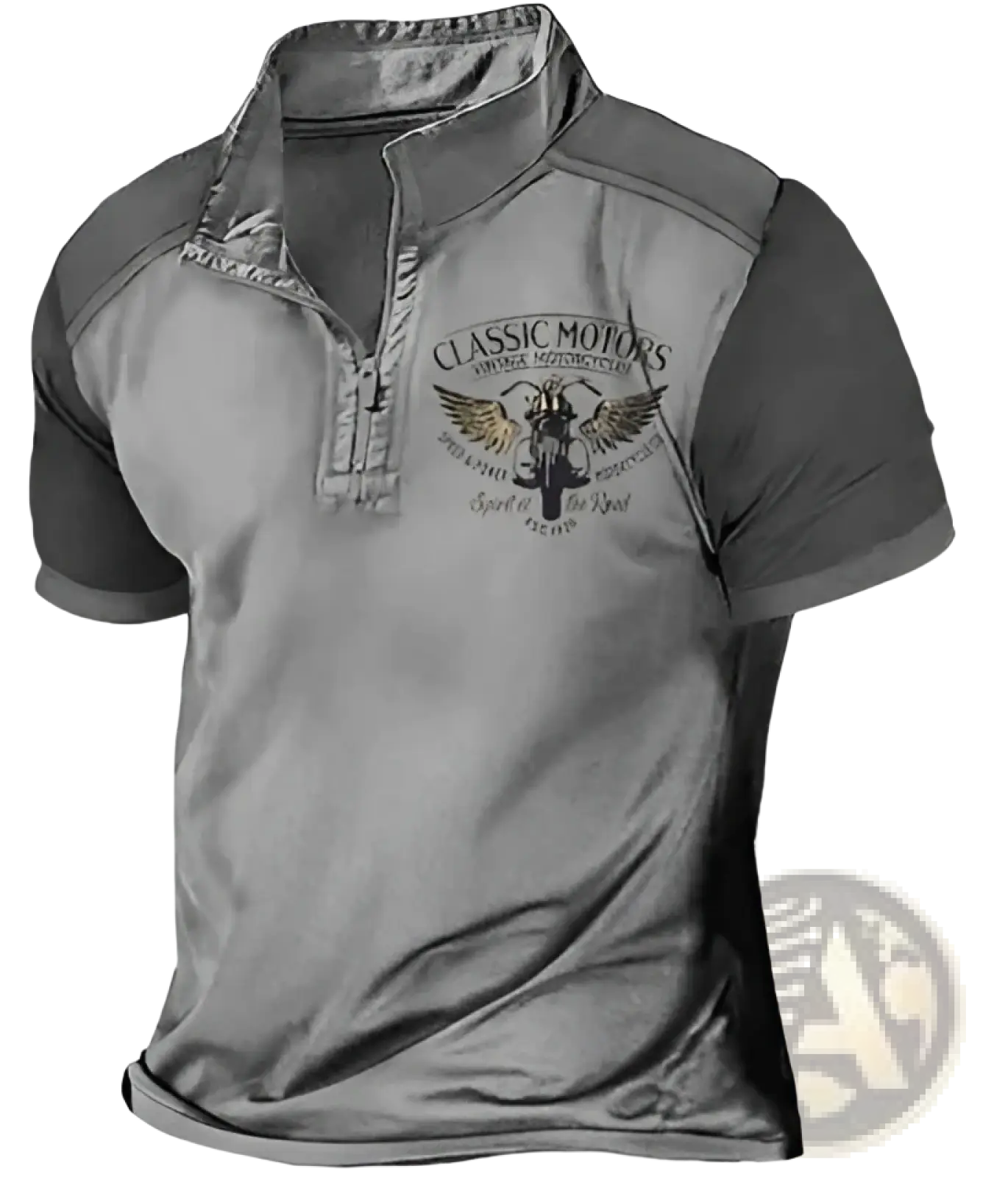 Men’s vintage classic motors gray and black short-sleeved polo shirt with 3D printed graphic on the chest