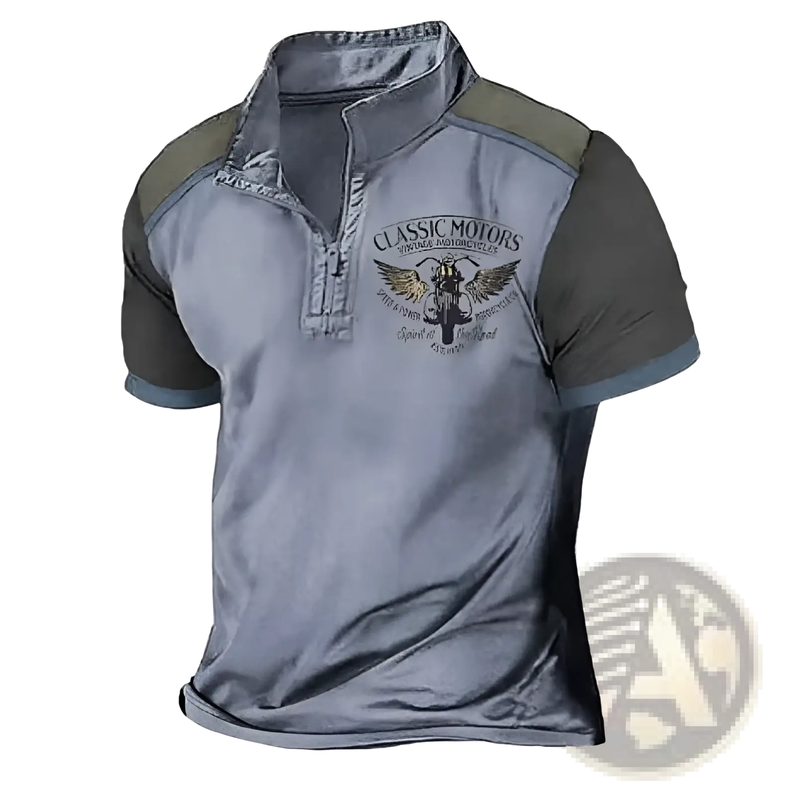 Men’s vintage classic motors short-sleeved polo shirt in gray and olive green with a 3d printed motorcycle graphic